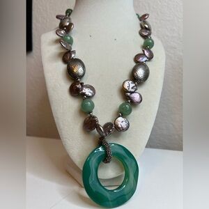Green Banded Agate And Baroque Pearl Long Necklace Purple 22” Gorgeous